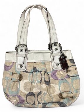 Vintage Coach Signature Art Op Shoulder Bag in tan Multi with off white trim